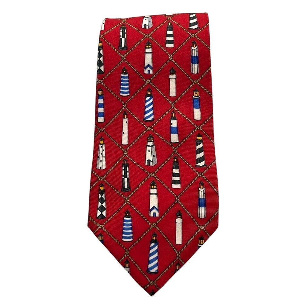 Alynn Neckwear Mens Tie‎ Sentinals Red 100% Silk Lighthouse Print